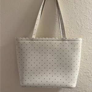 A New Day- White Polka Dot Tote Bag with Scalloped trim